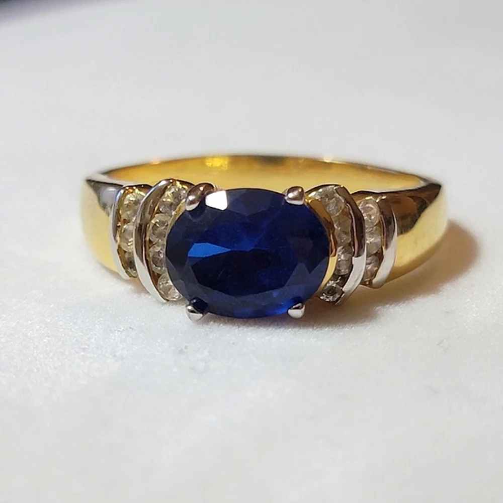 Oval Cut Blue Sapphire and Diamond Simulated Stone Ring Size 12.5 Gold Tone